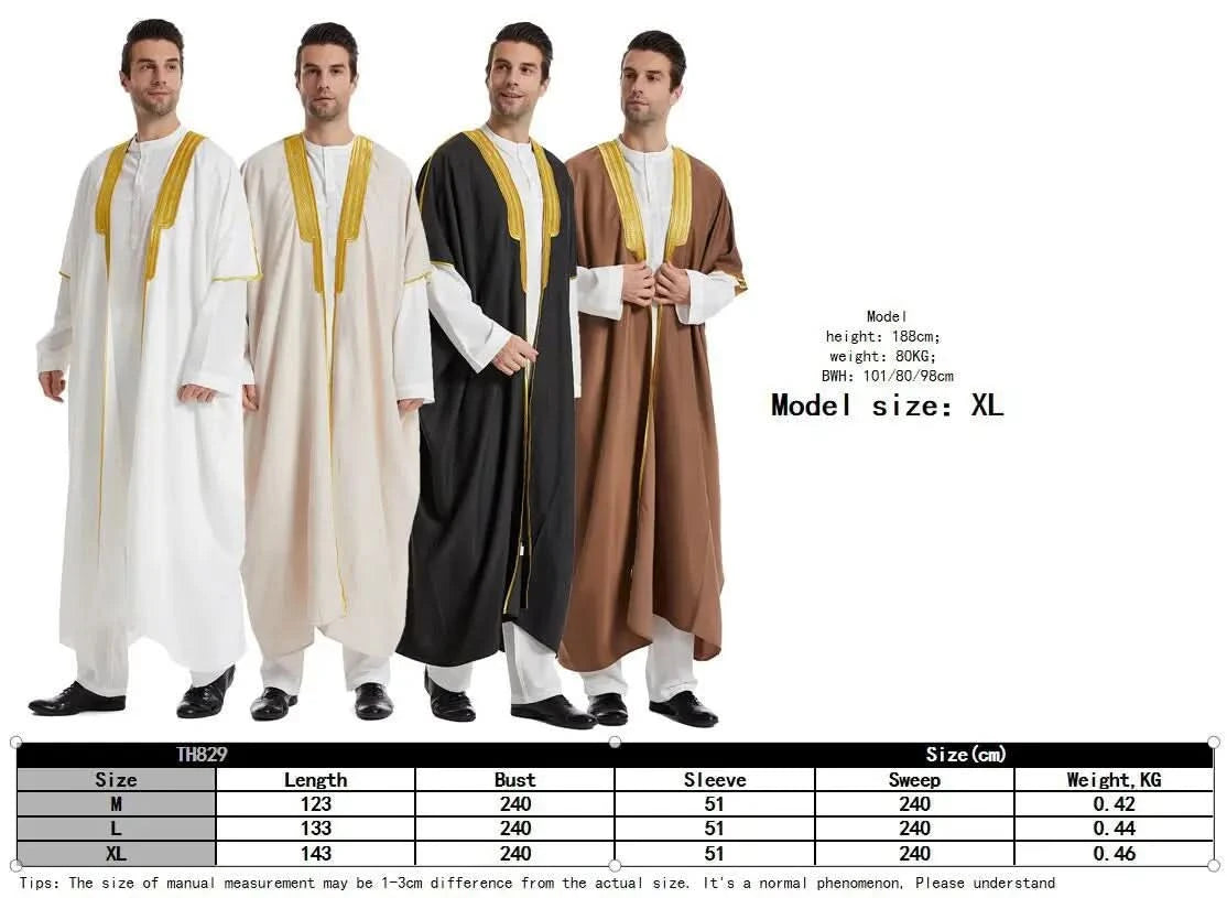 Muslim Arab Men Thobe Thawb Caftan Eid Jubba Thobe Mens Cardigan Abaya Long Dress Ramadan Robe Saudi Arab Musulman Caftan Dubai - M & M Global