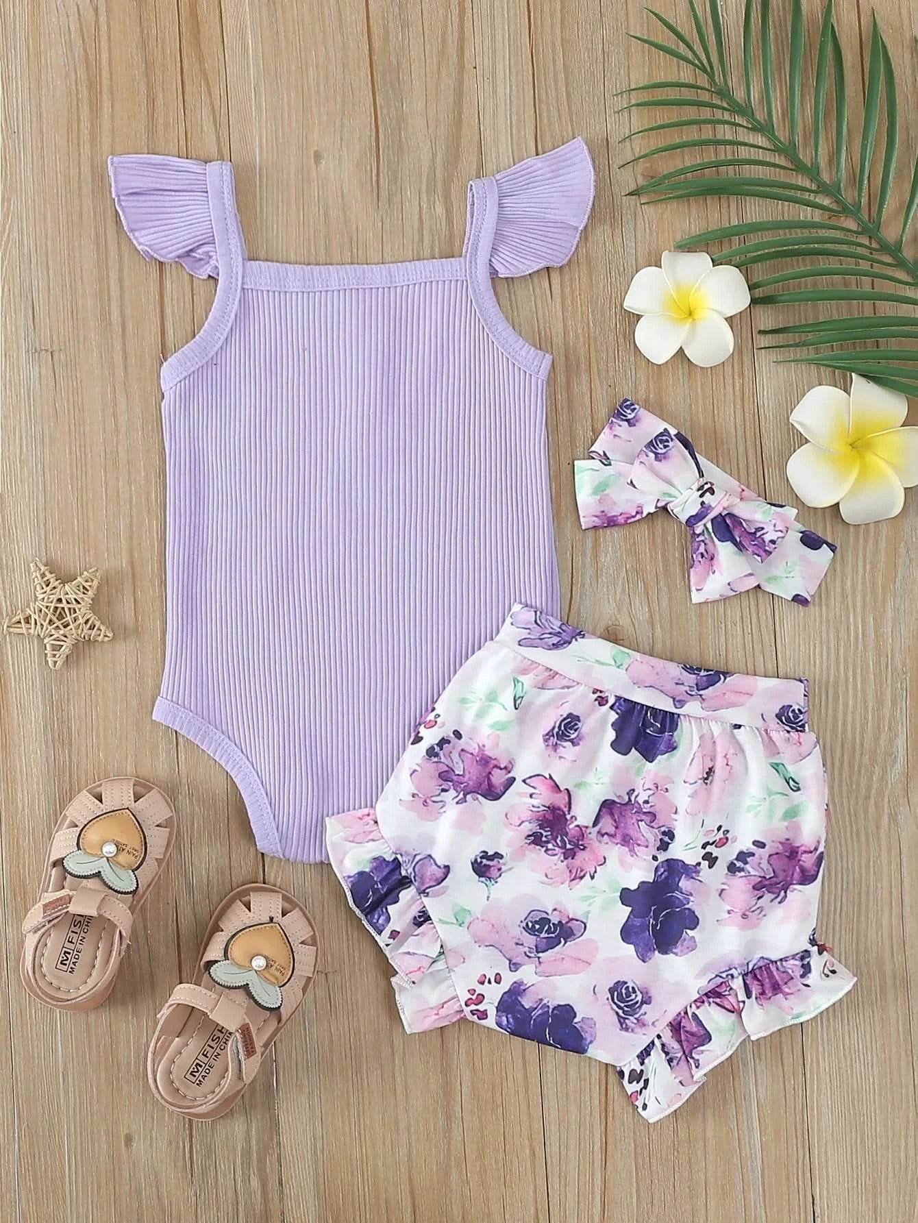 Summer Newborn Baby Girl Clothes Set  Sleeveless  Bodysuit  Printed Shorts  3pcs Clothing Suit Baby Girl Clothes For 0-1Years - M & M Global