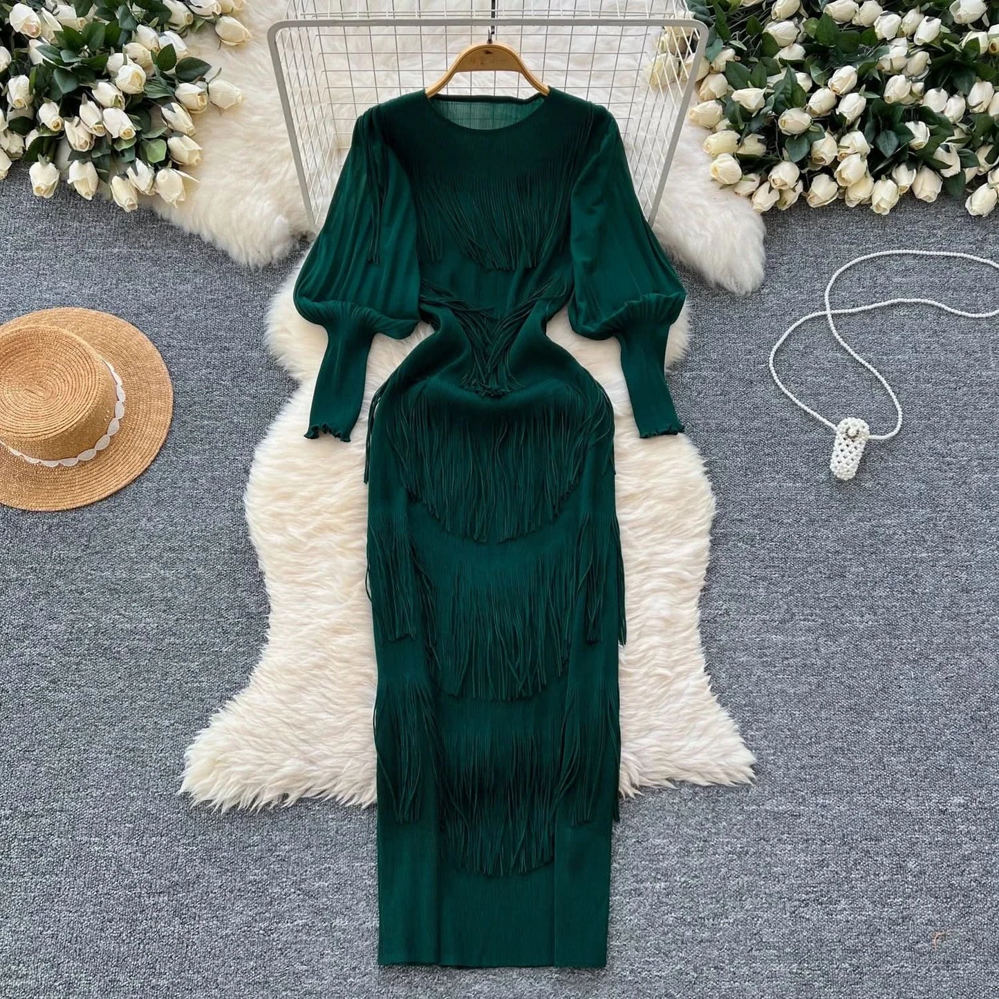 Vintage O-Neck Elegant Long Lantern Sleeve Chic Tassel Slim Long Dress French Fashion Evening High Street Autumn Winter Clothing - M & M Global
