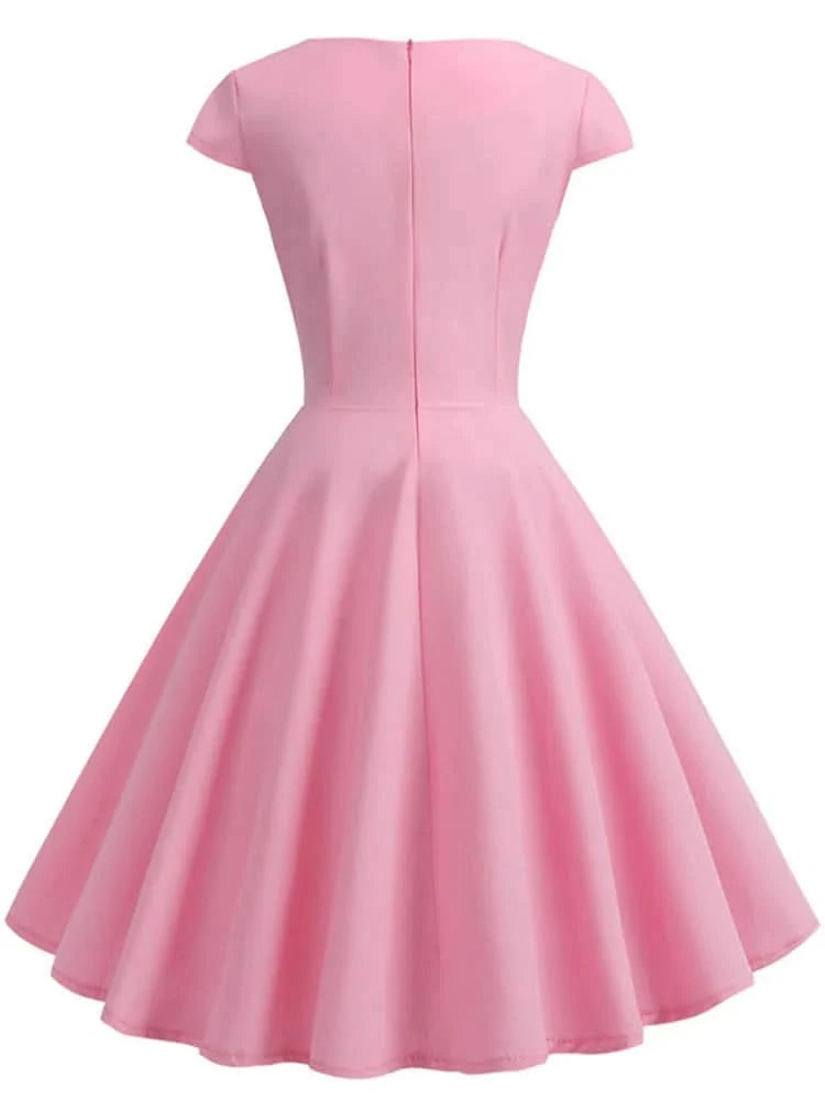Pink Summer Dress Women V Neck Vintage Robe Elegant Retro pin up Party Office Midi Dresses - M & M Global