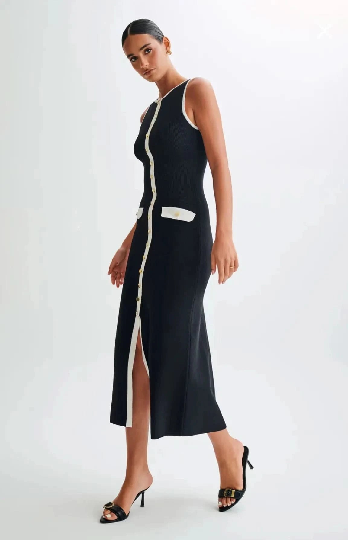 Elegant Women Knitted Long Dress Summer Sleeveless Single Breasted Bodycon Dresses High Street Fashion Office Ladies Black Robes - M & M Global