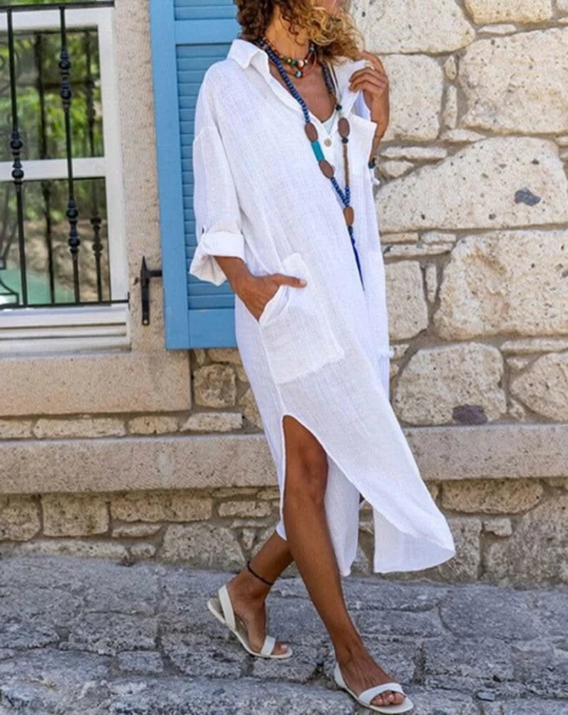 Casual Cotton Linen Loose Shirt Dress Women Summer Fashion Streetwear Split Button Long Dress White Black Beach Holiday Vestidos - M & M Global
