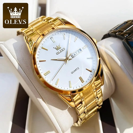 OLEVS Men Watches Waterproof Stainless Steel Quartz Male Wristwatch Gold Watch Fashion Luminous Luxury Calendar Business Clock - M & M Global