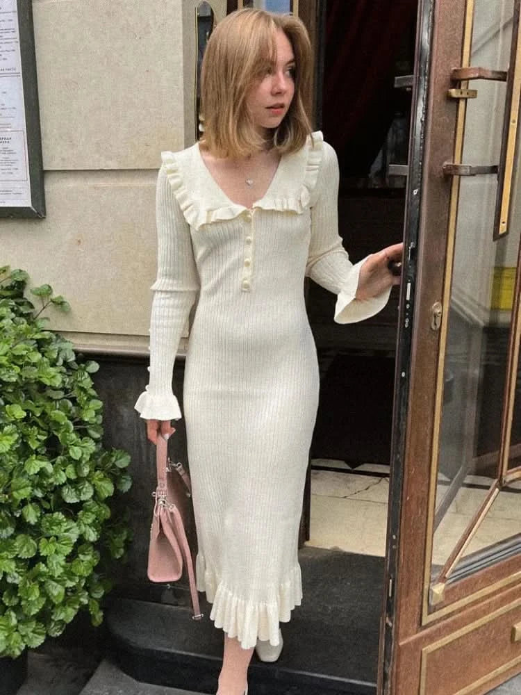 TARUXY High Waist Ruffled Maxi Dresses For Women Autumn Winter Knitted Slim Long Dress Women's Vintage Dress Woman Retro Elegant - M & M Global