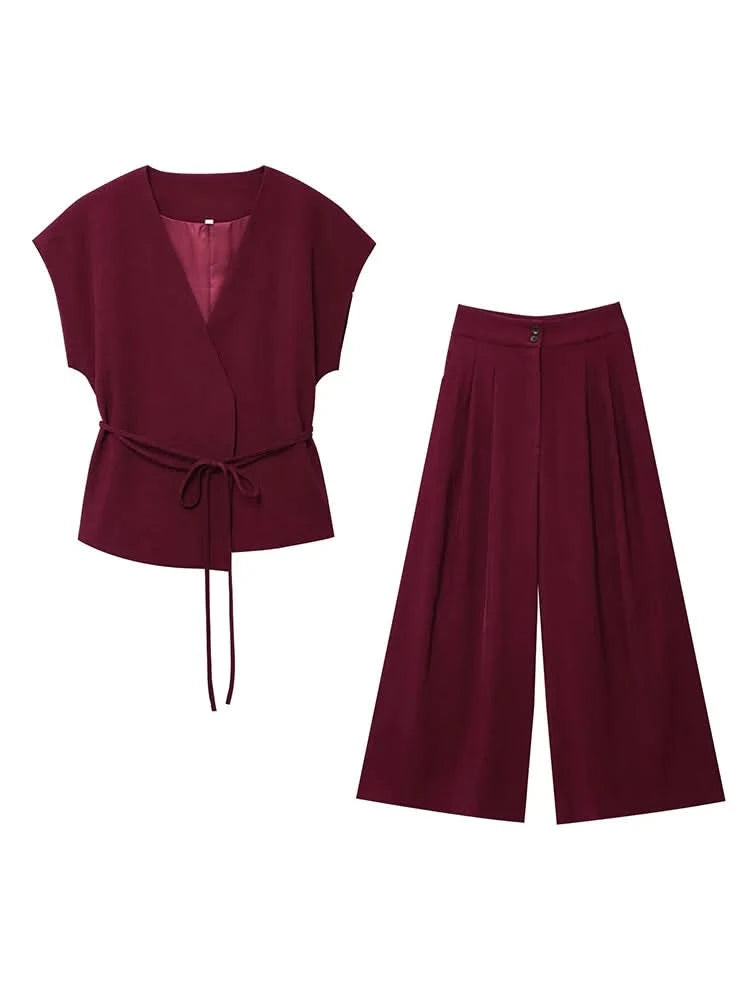 TFMLN Fashion Women's Trouser Suits Sleeveless V-Neck Top With Belt Straight Pants Sets 2025 Spring Summer Commuter 2 Piece Set - M & M Global