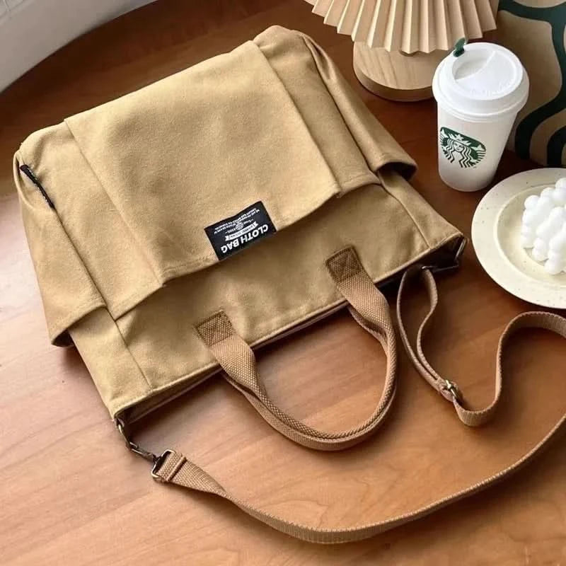 Urban Minimalist Female Student Large Capacity Commuting Horizontal Canvas Single Shoulder Diagonal Cross Portable Tote Bag - M & M Global