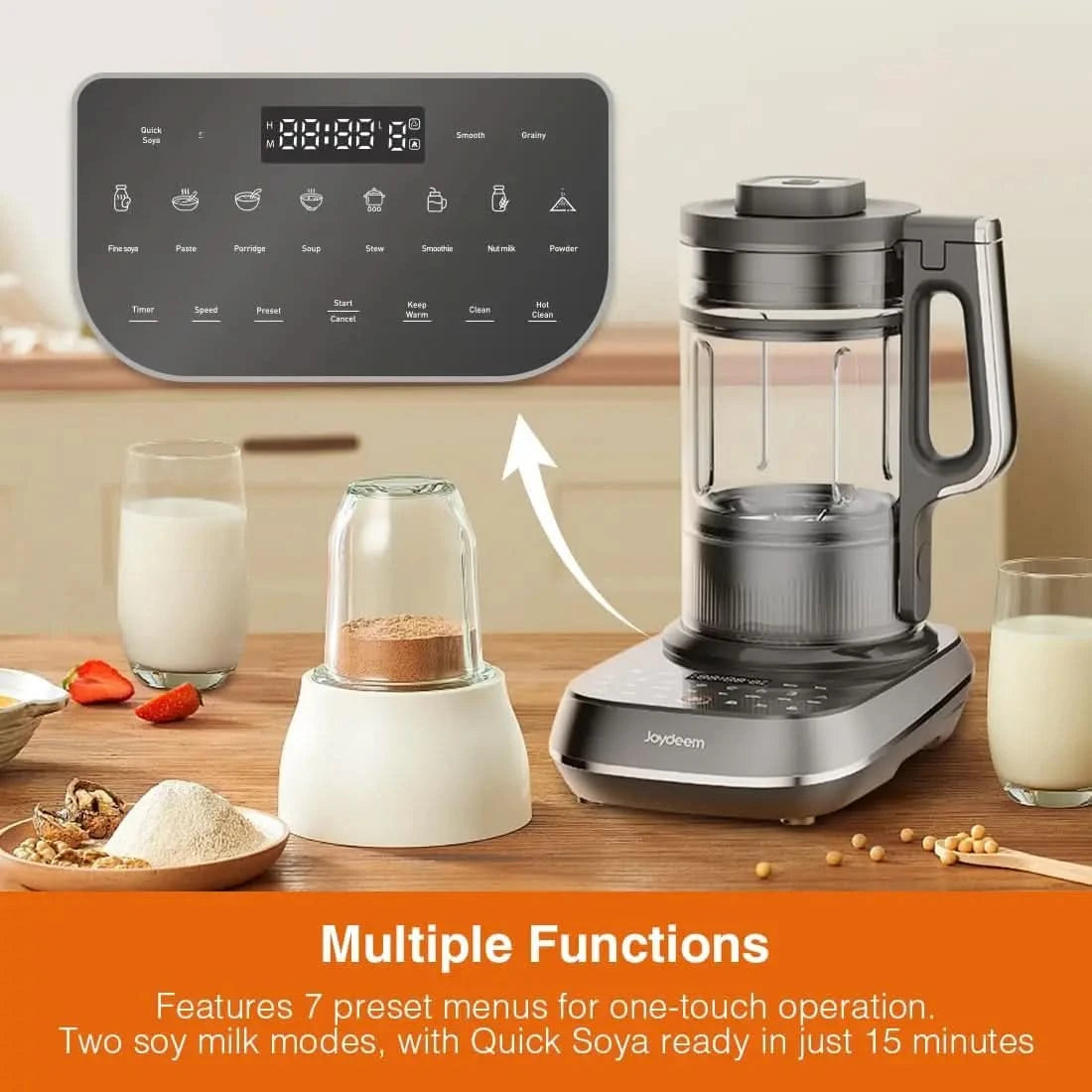 Soymilk Maker Machine, Heated Blender with Grind Cup, Low Noise Variable Frequency Brushless Motor, 1.75L Capacity, Black, JD-B1 - M & M Global