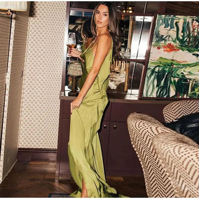 Elegant Green Satin Ruffles Sling Long Dress Women Sexy Backless Sleeveless Split Slim Dresses Lady 2025 New Party Club Vestidos - M & M Global
