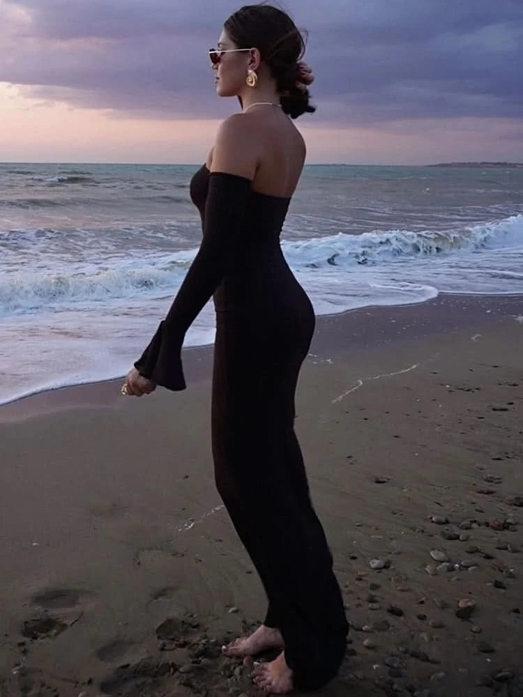 Trendix Black Elegant Evening Dress Women Sexy Off Shoulder Slim High Waist Tube Dresses Beach Party Ruffle Backless Long Dress - M & M Global