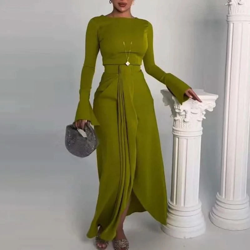 2024 Casual Solid Prom Dress Elegant O Neck High Waist Pleated Commuter Dress New Autumn Fashion Flared Sleeve Split Long Dress - M & M Global