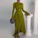 2024 Casual Solid Prom Dress Elegant O Neck High Waist Pleated Commuter Dress New Autumn Fashion Flared Sleeve Split Long Dress - M & M Global