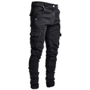 Men Street Elastic Denim Jeans Wash Solid Color Multi Pockets Cargo Pants Casual Slim Fit Daily Wear Joggers Mid Waist Trousers - M & M Global