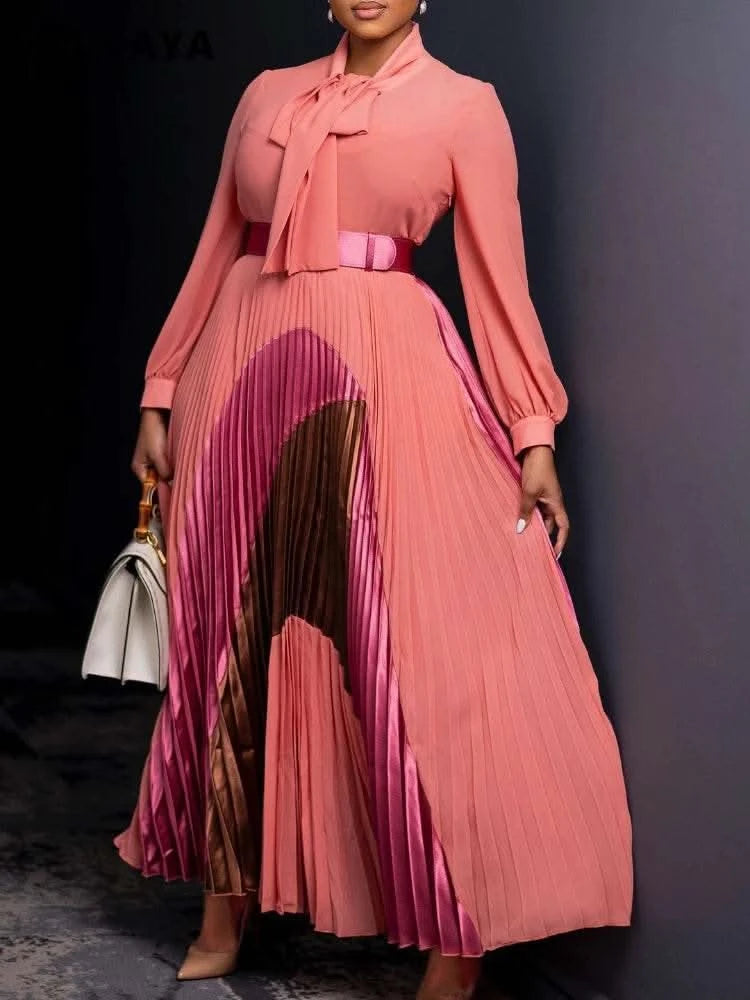CM.YAYA Elegant Women Wraped Bow Neck Long Sleeve with Sashes Maxi Long Dress Chic INS Sexy Party Prom Big Swing Pleated Dresses - M & M Global