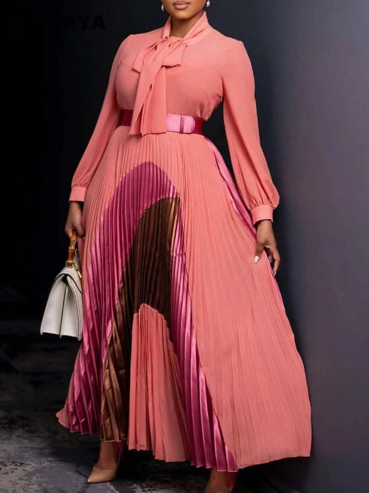 CM.YAYA Elegant Women Wraped Bow Neck Long Sleeve with Sashes Maxi Long Dress Chic INS Sexy Party Prom Big Swing Pleated Dresses - M & M Global