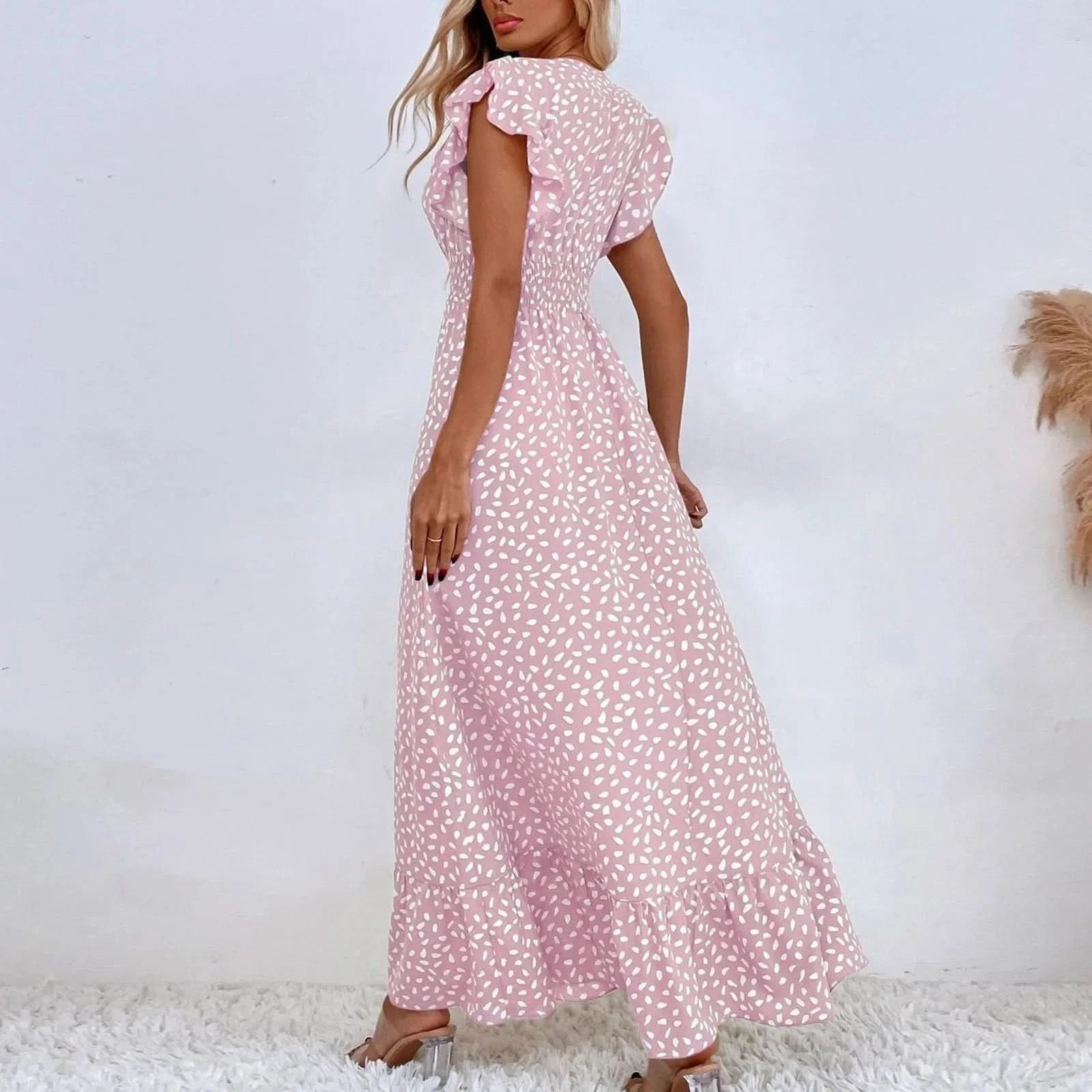 Polka Dot Dress For Women Sexy V-Neck Long Dress Casual And Fashionable Ruffle Edge Short Sleeved High Waisted Dress - M & M Global