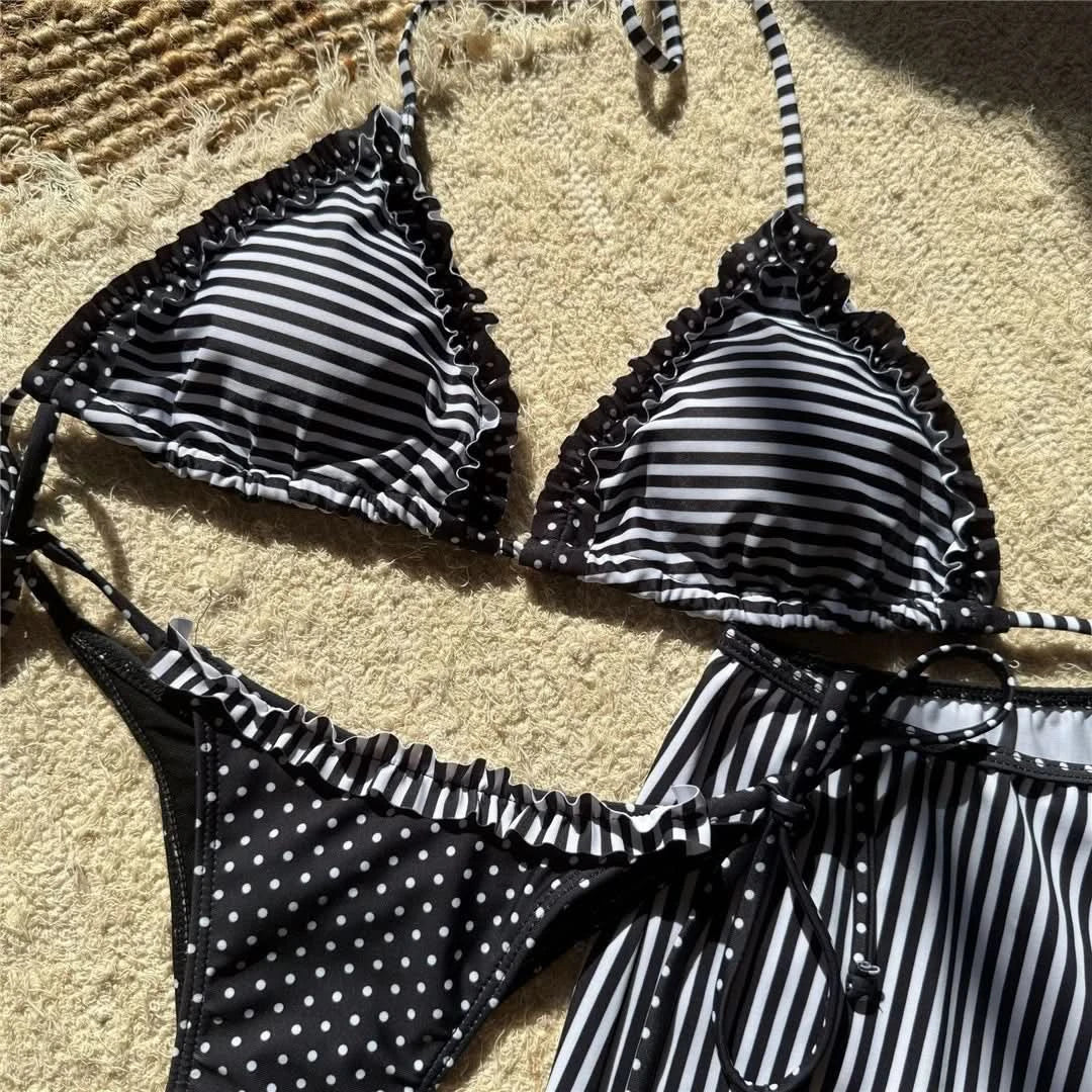 New Striped Polka Dot Halter Shorts Bikini Female Swimsuit Women Swimwear Three-pieces Bikini set Bather Bathing Suit Swim V6384 - M & M Global