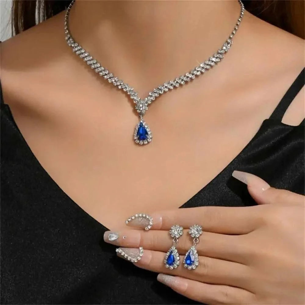 2pcs/set Jewelry Sets Women Elegant Waterdrop Rhinestone Pendant Necklace stud Earrings Wedding Dress Bridal Jewelry Set - M & M Global