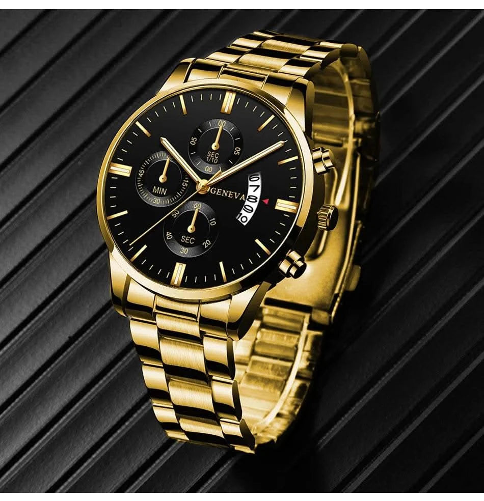 2023 Fashion Men Gold Stainless Steel Watch Luxury Calendar Quartz Wrist Watch Mens Business Watches for Man Clock Reloj Hombre - M & M Global