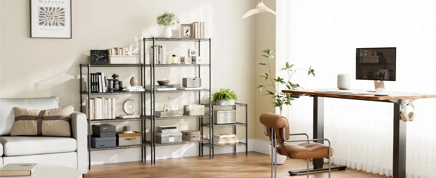 JHK 3-5 Tier Storage Bookshelf Adjustable Metal Wire Racks Heavy Duty Standing Shelf Organizer for Living Room and Kitchen