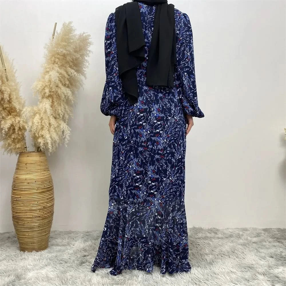 Muslim Women's dress Casual print bark crepe long dress Zipper collar long sleeves loose Muslim maxi dress - M & M Global
