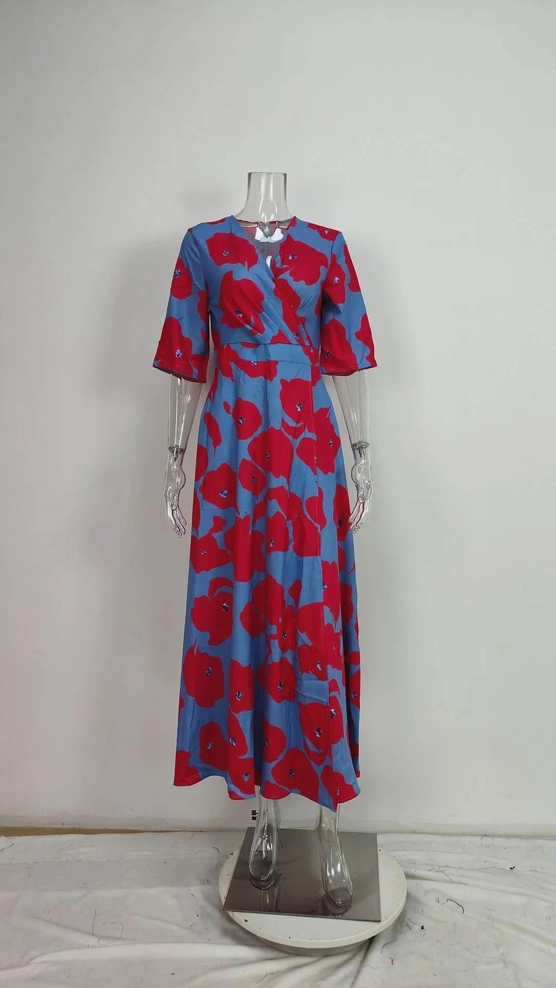 Spring Summer Women Fashion V Neck Belted Party Long Dress Sexy Printing  Boho Maxi Dresses Short Sleeve Pocket Femlae Holiday - M & M Global