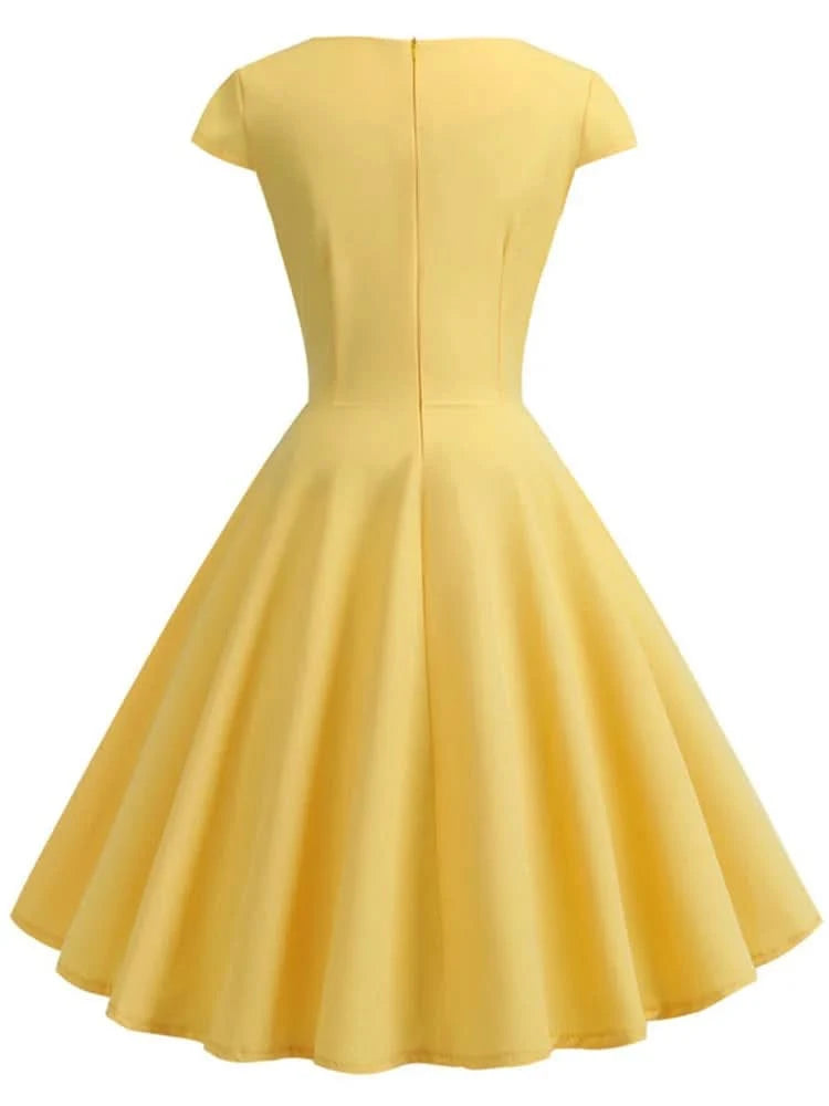 Pink Summer Dress Women V Neck Vintage Robe Elegant Retro pin up Party Office Midi Dresses - M & M Global