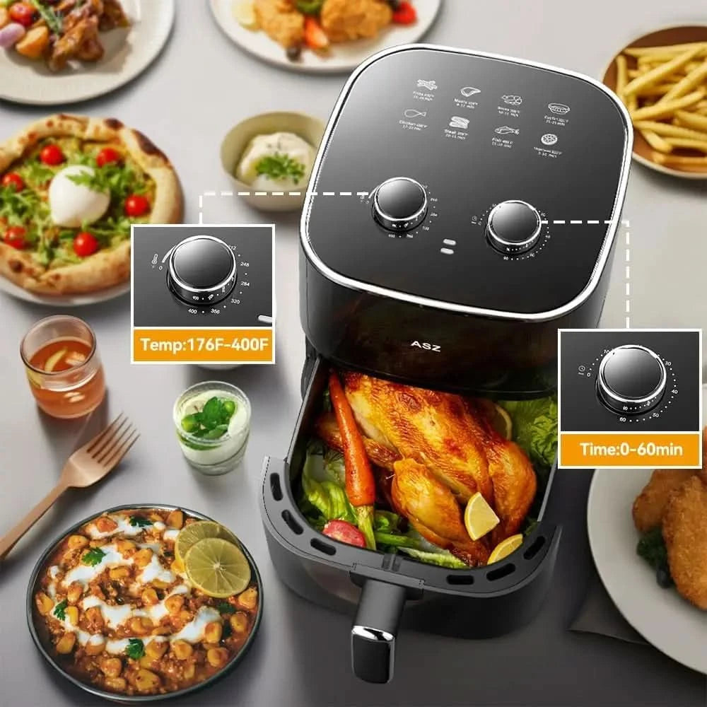 5qt Air Fryer Compact Knob Black for dorm office - 4.7L Airfryer with Window 1400W Visual Basket - Non-Stick Pan, Manuel Control - M & M Global