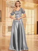 Elegant Short Sleeve Satin Patchwork Sequins V-neck Formal Evening Dresses 2026 Luxury Women A-Line Party Cocktail Prom Gowns