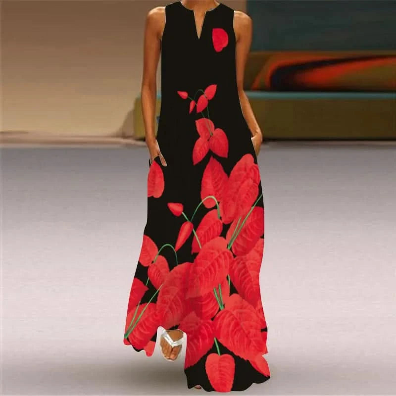 Lady Spring Summer Black Long Dress Sleeveless Red Petals Print Elegant Dresses For Women 2023 Party Beach Women Dress - M & M Global