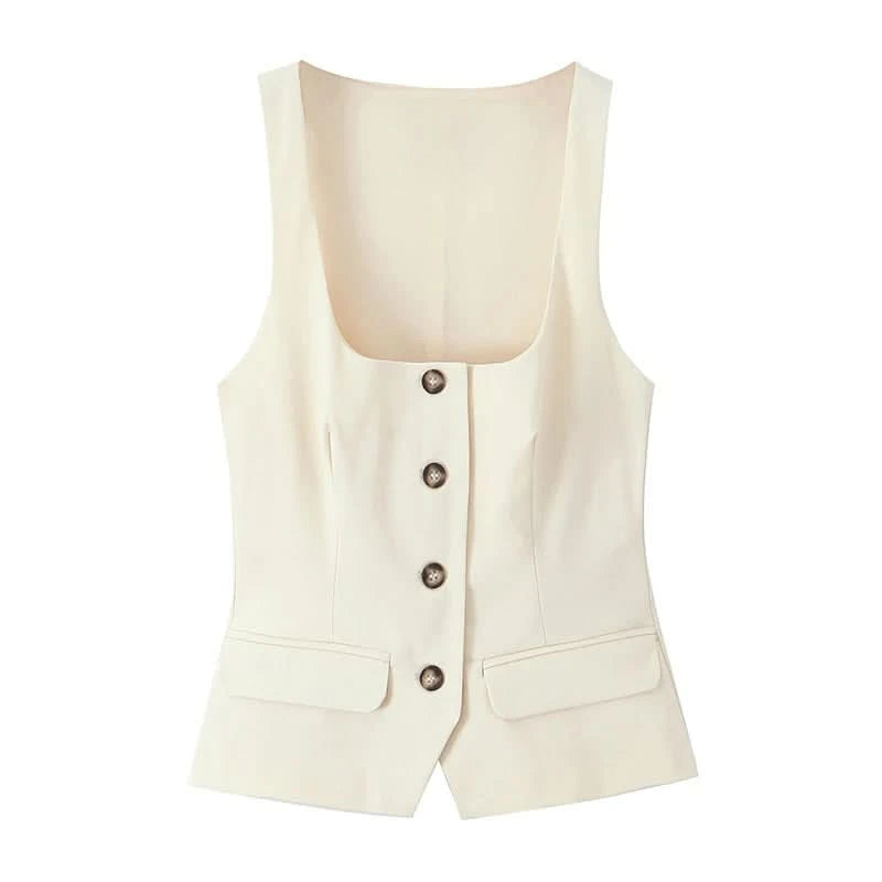 TFMLN 2025 Summer Women Sleeveless Solid Vests Chic Square Neck Office Waistcoat Female Single-breasted  Outwear Tops - M & M Global