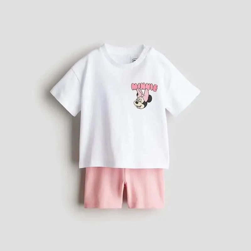 Disney Cartoon Girl Clothing Short Sleeve Suit Lovely Fashion Children's Loose Tees Tight Shorts Summer Kids Two Piece Set 9M-7Y - M & M Global