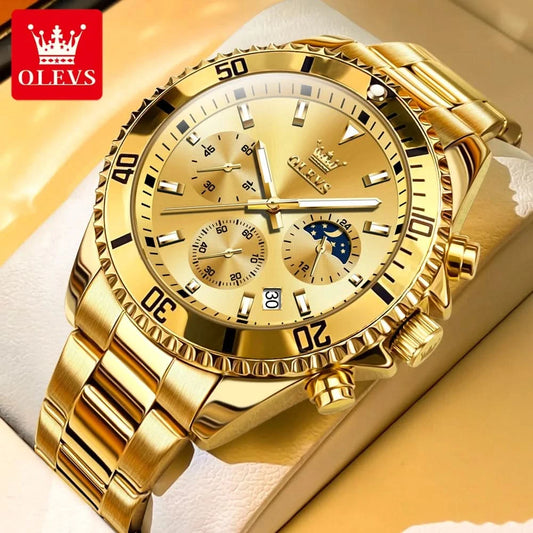 Luxury OLEVS men's watch with gold stainless steel strap, luminous dial, and multiple functions including date and moon phase.