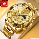 Luxury OLEVS men's watch with gold stainless steel strap, luminous dial, and multiple functions including date and moon phase.