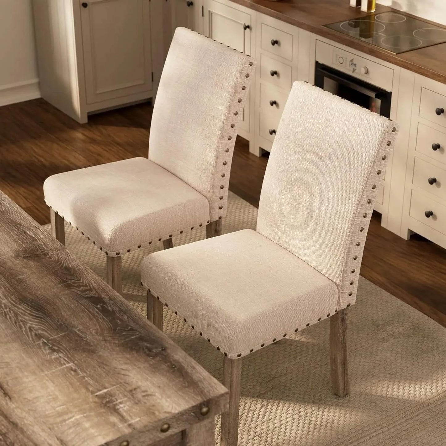 Rustic Dining Table, Farmhouse Kitchen Dining Chairs , Charming 60" Rectangular Wooden Table& Upholstered