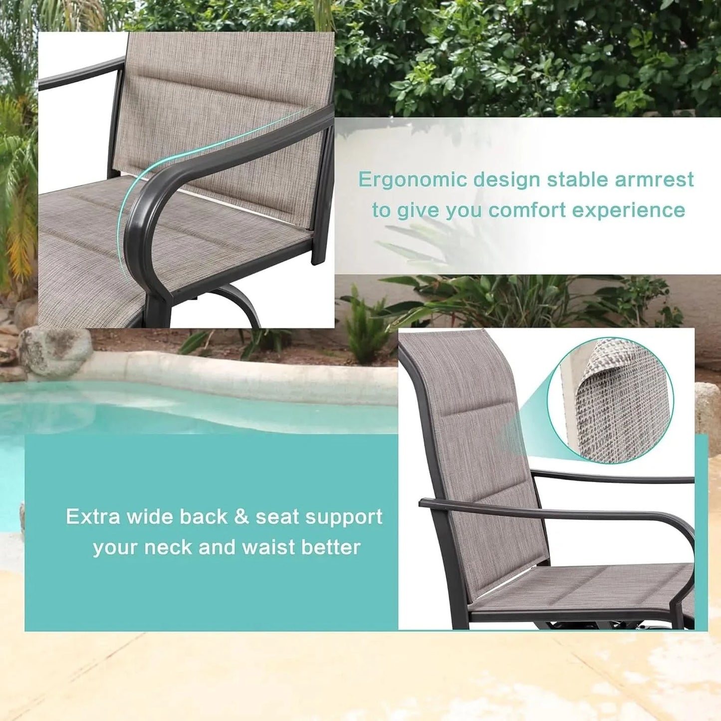 2 Piece Outdoor Patio Swivel Bar Chairs, All Weather Padded Sling Textile High Top Bar Stools, Bistro Set for Backyard