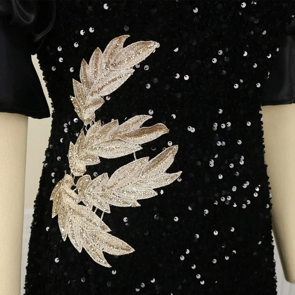 Women Sequined Shiny Black Long Dress Glitter Embroidered Chest Wrapped Puff Sleeve Classy Winter Fall Party Celebrity Gowns New - M & M Global