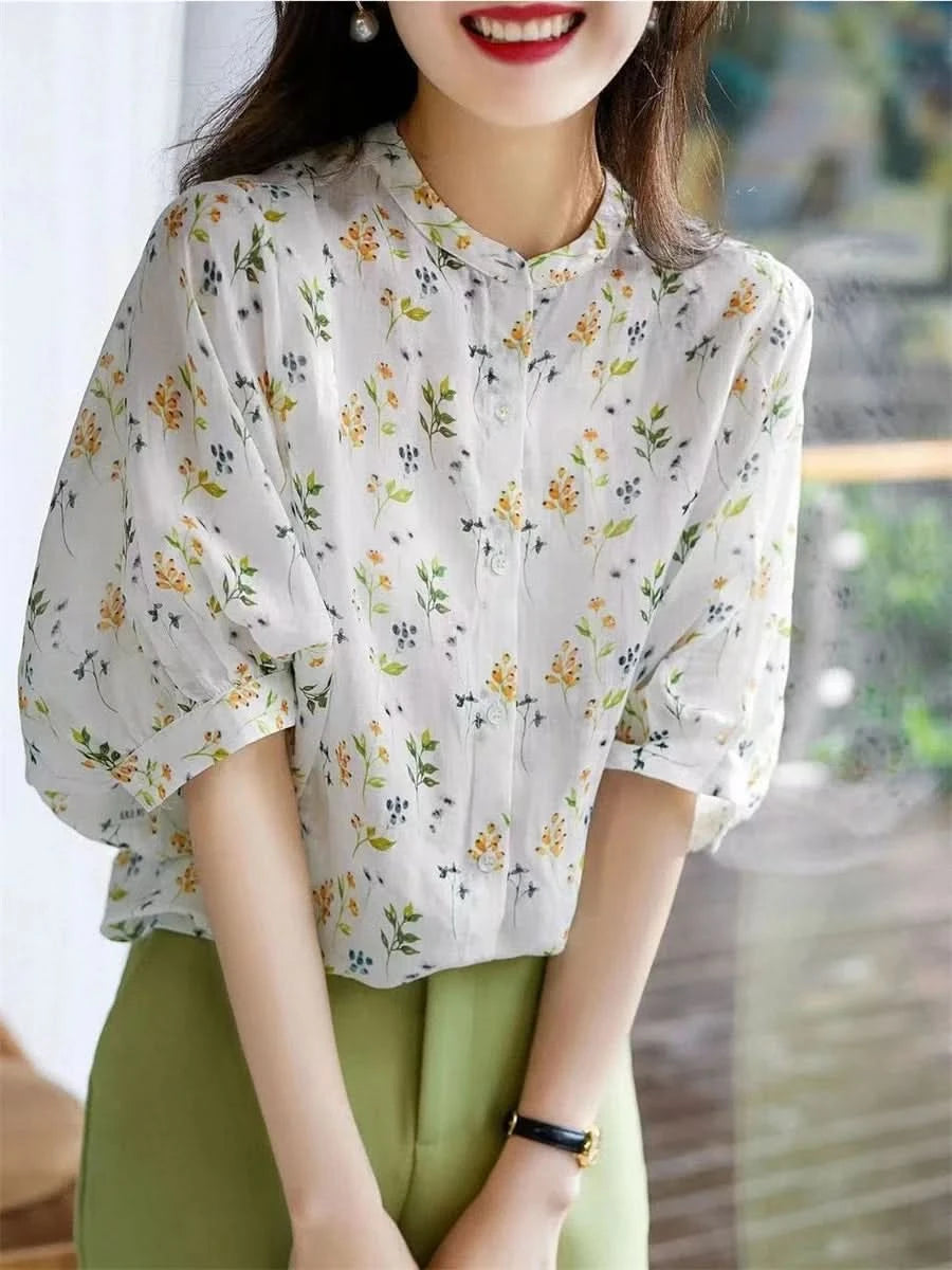 Women Summer Style Blouses Tops Lady Casual Short Puff Sleeve Stand Collar Flower Printed Blusas Tops SP1496 - M & M Global