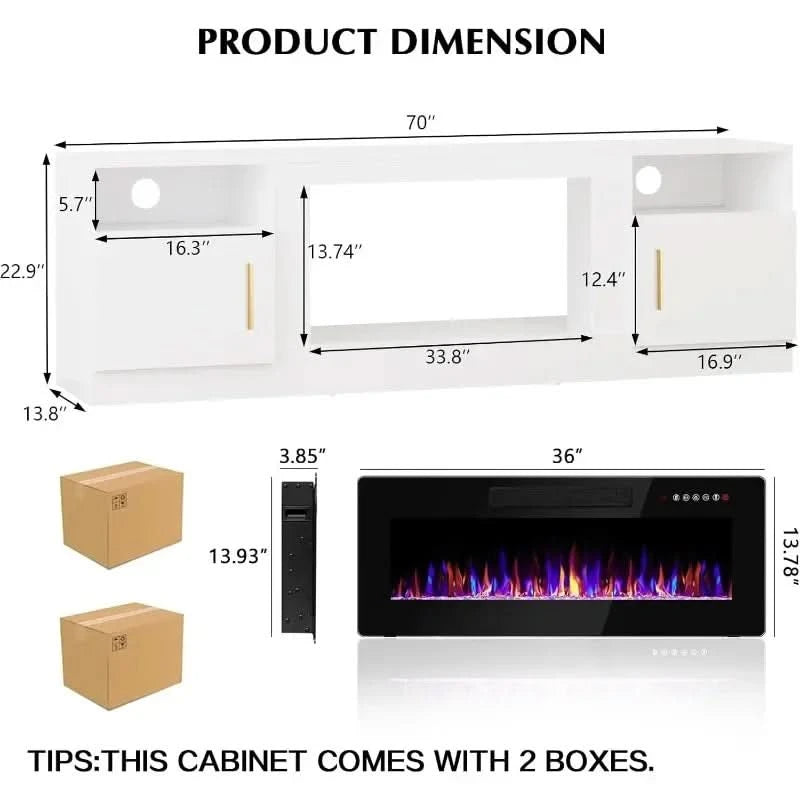 Authenticity guarantee.Fireplace tv Stand with 36 inch Fireplace Up to 80" TVs,LED Light Entertainment Center and Storage, 70" M