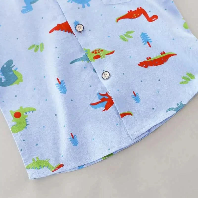 Infants and Toddlers Covered in Printed Cartoon Dinosaur Stand-up Collar Shirt Short Sleeve 2 Piece Set - M & M Global