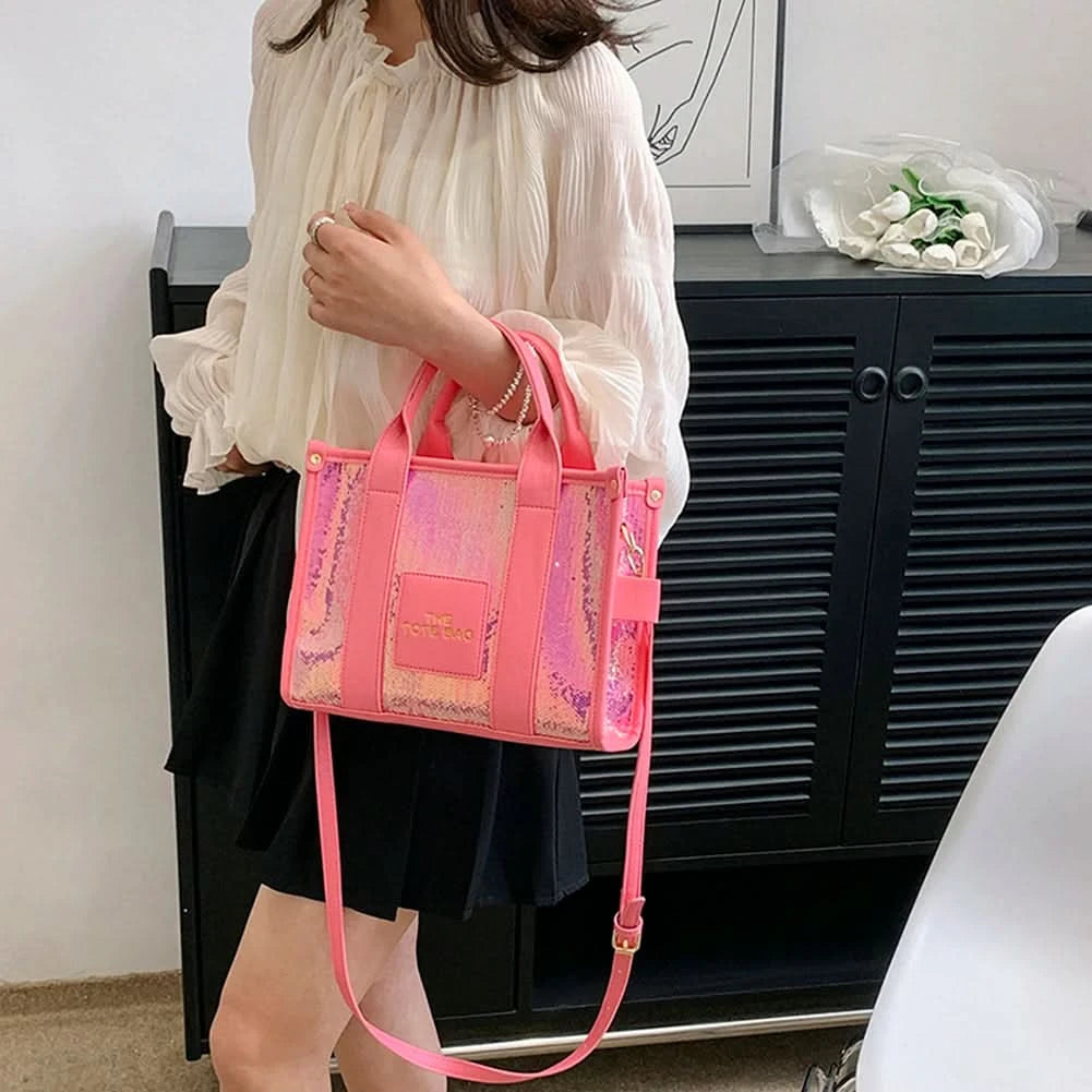 New The Tote Bag Letter Printed Sequins Top-Handle Bag Women Leather Handbag Luxury Designer Glitter Shoulder Crossbody Bag - M & M Global