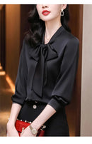 Elegant Pure Color Long Sleeve Women's Shirt with Bow Tie Single Button Open Cardigan Spring Autumn Fashionable Ageless