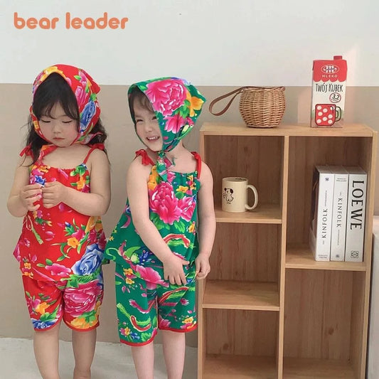 Bear Leader Summer Fashion New Baby Girl Clothes Flower Print Suspender Top+Shorts 2-piece Set Ethnic Style Children's Clothing - M & M Global
