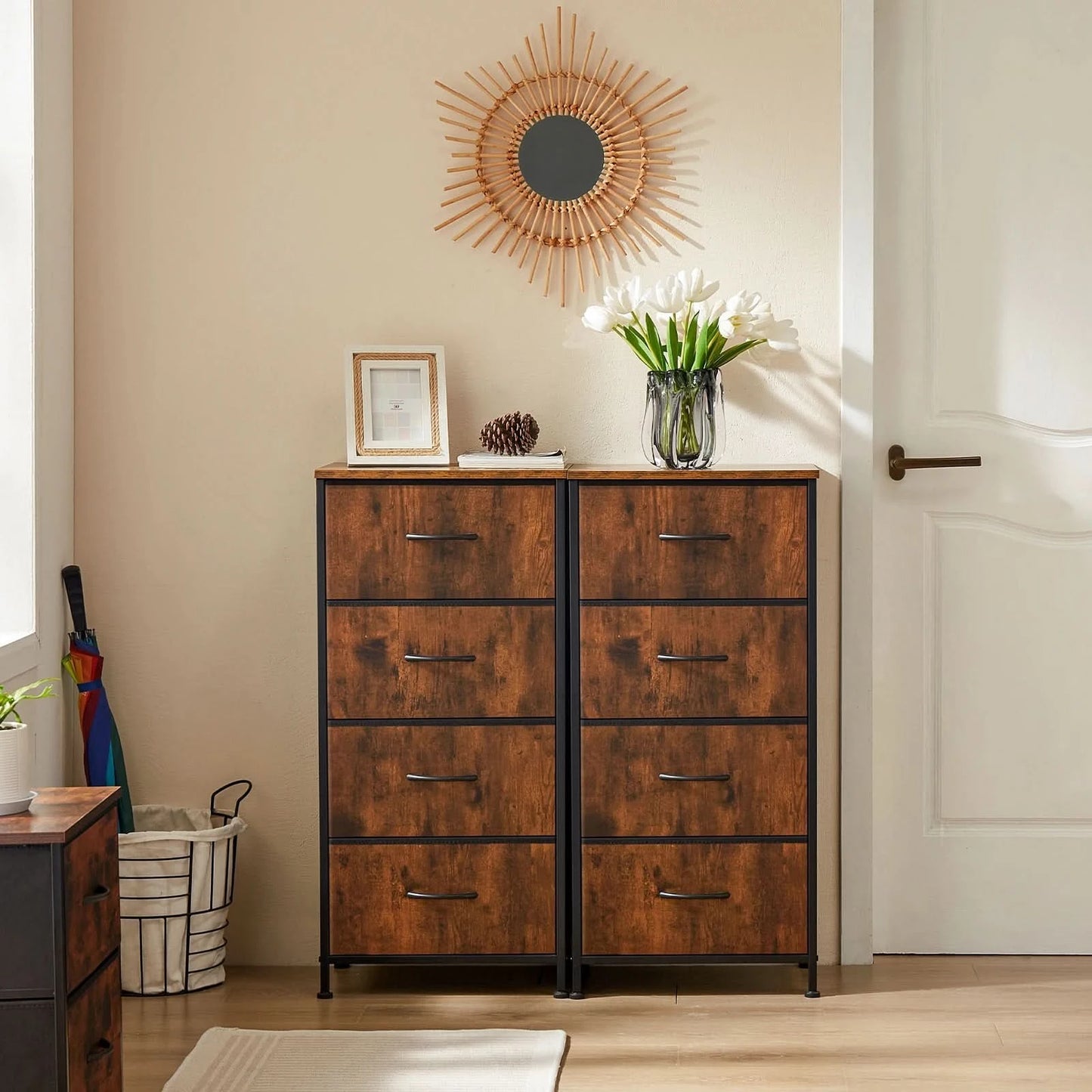 JHK Dresser For Bedroom With 4 Fabric Drawers Nightstand Wardrobe Steel Frame Closet For Clothes Storage Cabinet Of Furniture