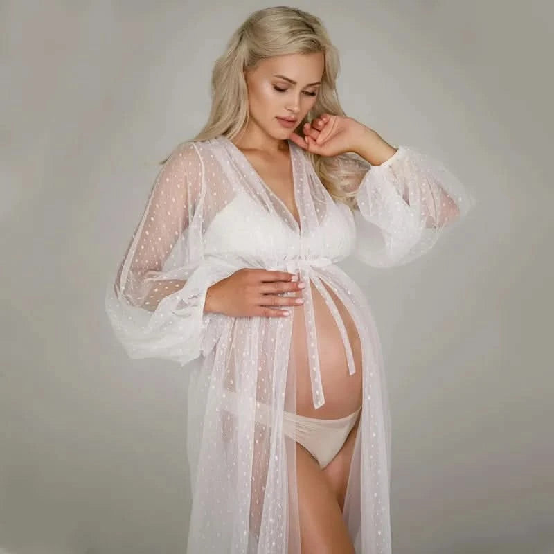 White Dot Tulle Maternity Photography Props Dress See Through Maternity Photo Shoot Tulle Long Dress Lantern Sleeve - M & M Global
