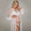 White Dot Tulle Maternity Photography Props Dress See Through Maternity Photo Shoot Tulle Long Dress Lantern Sleeve - M & M Global