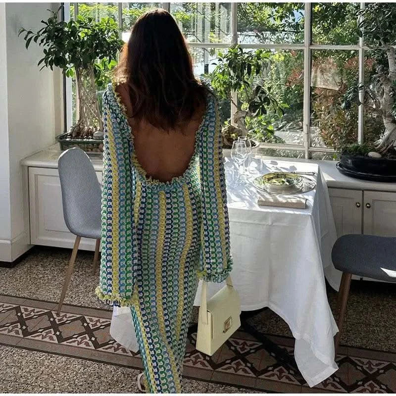 Contrast A-line Vestidos 2025 Female Party Club Vacation Robes Sexy Backless Women's Flare Sleeves Long Dress Fashion Elegant - M & M Global