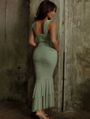 Mozision Hollow Out Backless Ruched Maxi Dress For Women Robe Elegant Spaghetti Strap Sleeveless Bodycon Party Long Dress - M & M Global