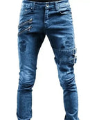 Retro Moto Biker Straight Elastic Jeans Men Zipper Hole Streetwear Punk Skinny Denim Cargo Pants Pantalones Hombre Y2K Clothing - M & M Global