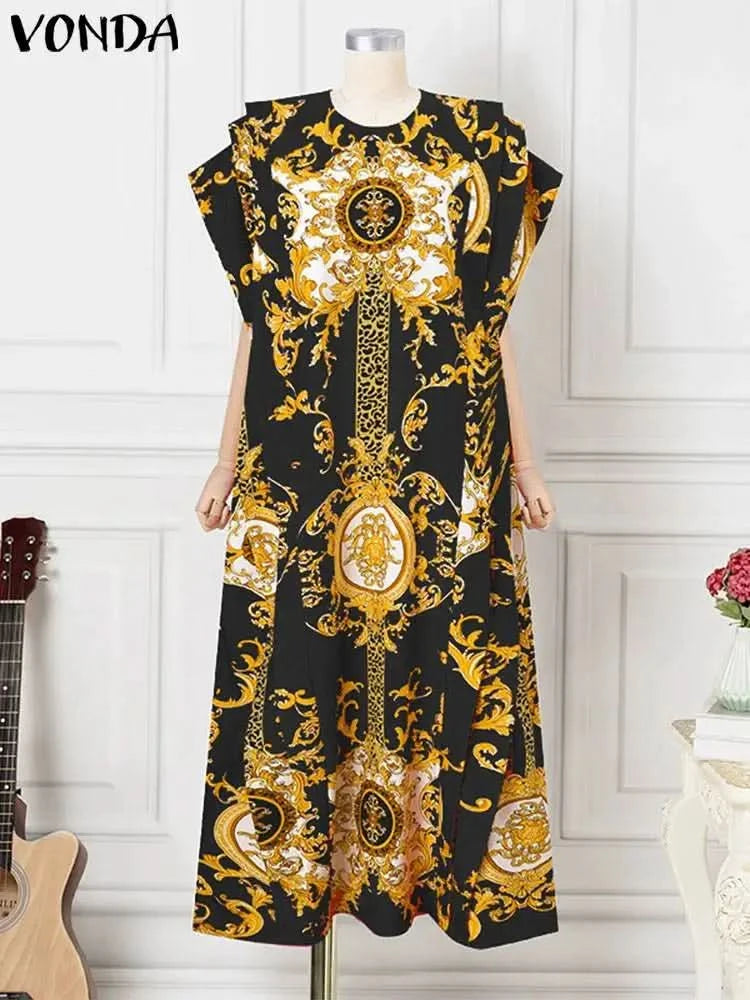 VONDA Plus Size 5XL Elegant Maxi Long Dress 2024 Fashion Satin Dress Sexy Printed Patchwork Bat-wing Sleeve Vestidos Ruffle Robe - M & M Global