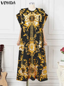 VONDA Plus Size 5XL Elegant Maxi Long Dress 2024 Fashion Satin Dress Sexy Printed Patchwork Bat-wing Sleeve Vestidos Ruffle Robe - M & M Global